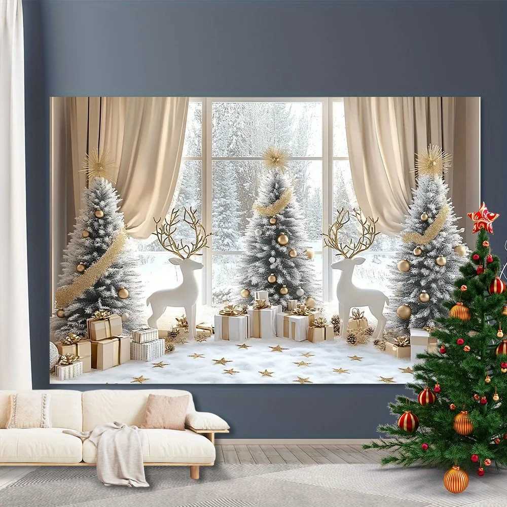 VIKAMA American Christmas Tapestry Snow Forest Window View Reindeer Christmas Tree Living Room DecorationM251125