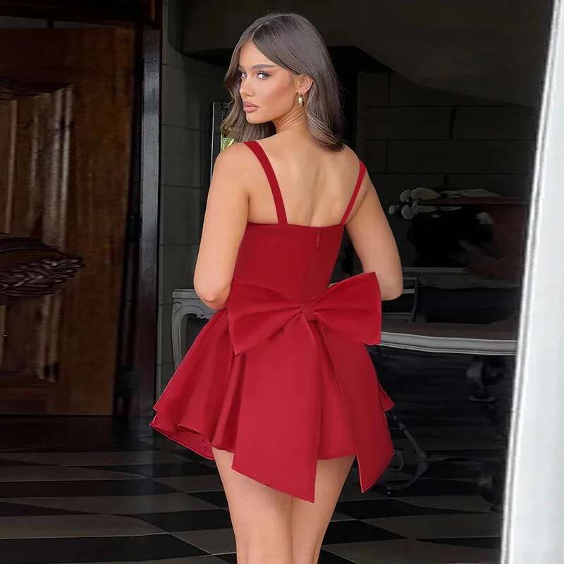 Dongdumaoyi Townlike Waist Wrap A Line Dress Women Spaghetti Strap Mini Spring Summer Bow Backless Nightclub Sexy Party Dresses
