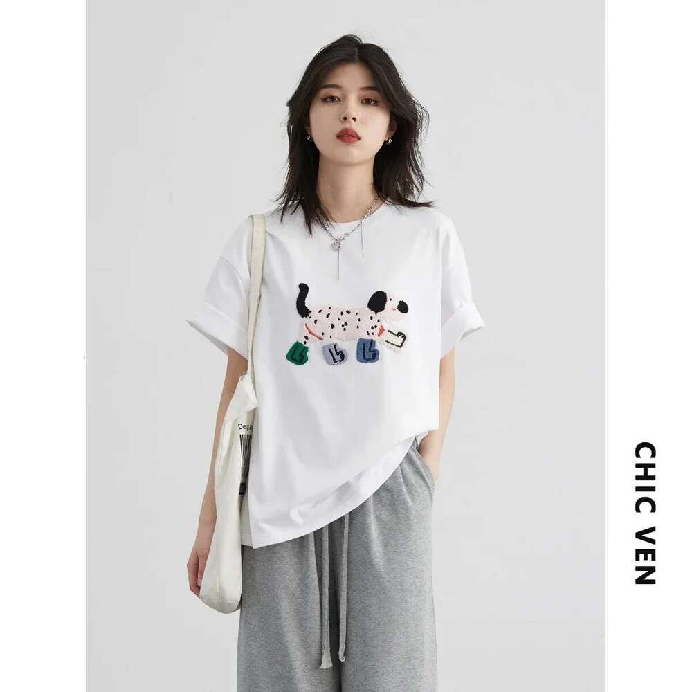 CHIC VEN Women T-Shirts Loose Streetwear Unisex Fun Dog Embroidered Short Sleeve Cotton Girl Tees Female Top Summer 2025
