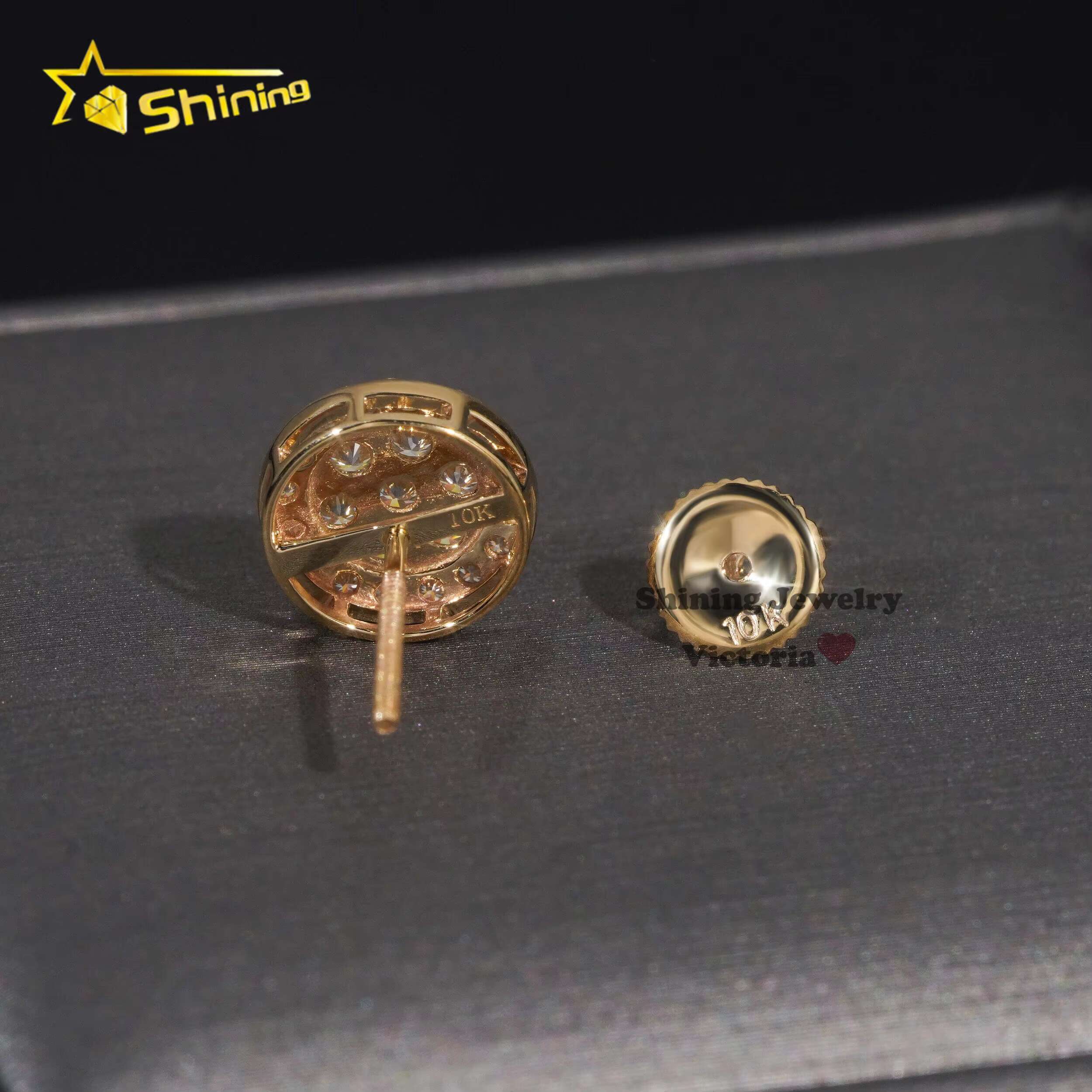 New Arrival Hip Hop Cluster Diamond 10MM Round Shape Screw Back 10K Real Gold Moissanite Stud Earrings