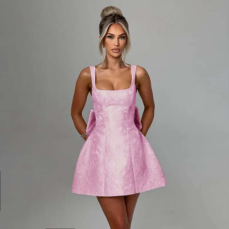 Dongdumaoyi Townlike Jacquard Waist Wrap A Line Dress Women Spaghetti Strap Spring Summer Bow Nightclub Sexy Party Dresses