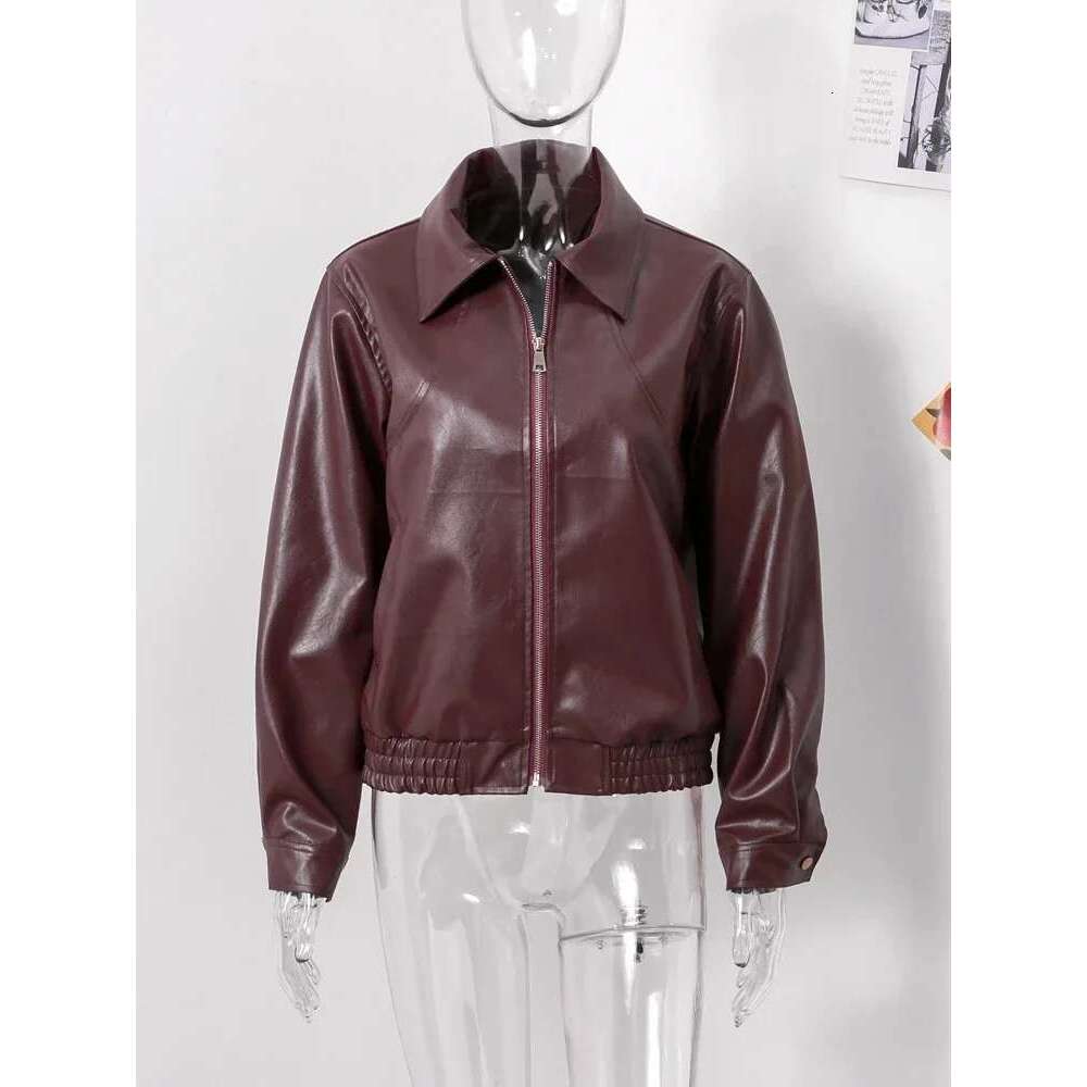 Faux Leather Short Jacket For Women Zipper Long Sleeve Lapel Moto Biker Street Coats Female 2024 New Chic Outwear Top