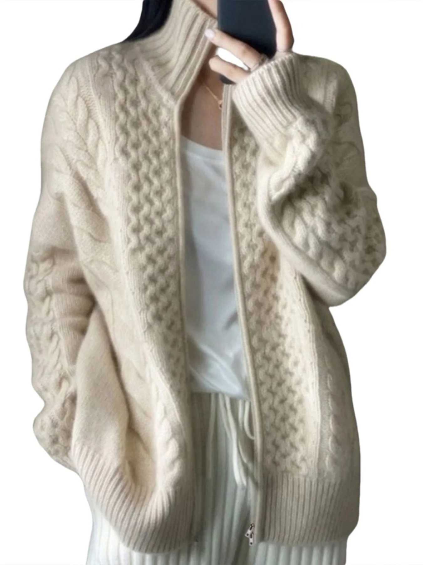 High Neck Knitted Cardigan Womens New Autumn Winter Fashion Warm Elegant Cardigan Solid Color Sweater Jacket Street WearT251125