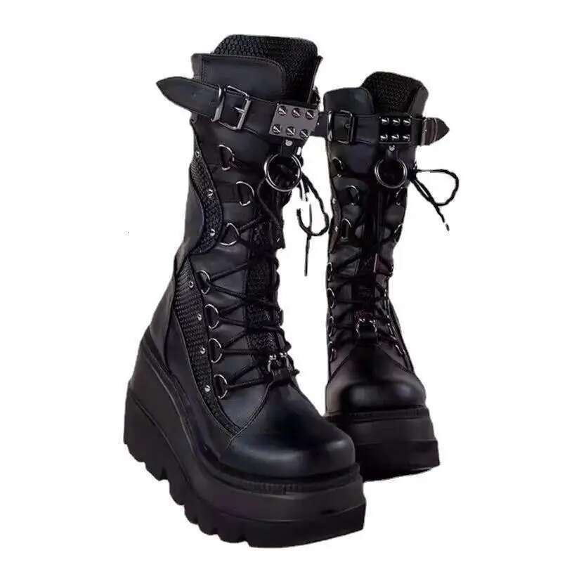 2022 New Women's Punk Style Cross-Border Sneaker Boots Plus Size Thick Bottom Medium Height Rubber Forefoot Material