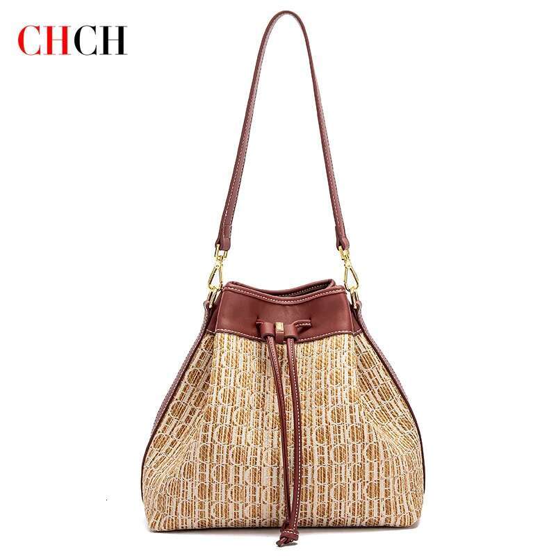 CHCH Women's Top Handbag New Knitted Texture Drawstring Large Capacity Dual Use Travel Shopping Bag