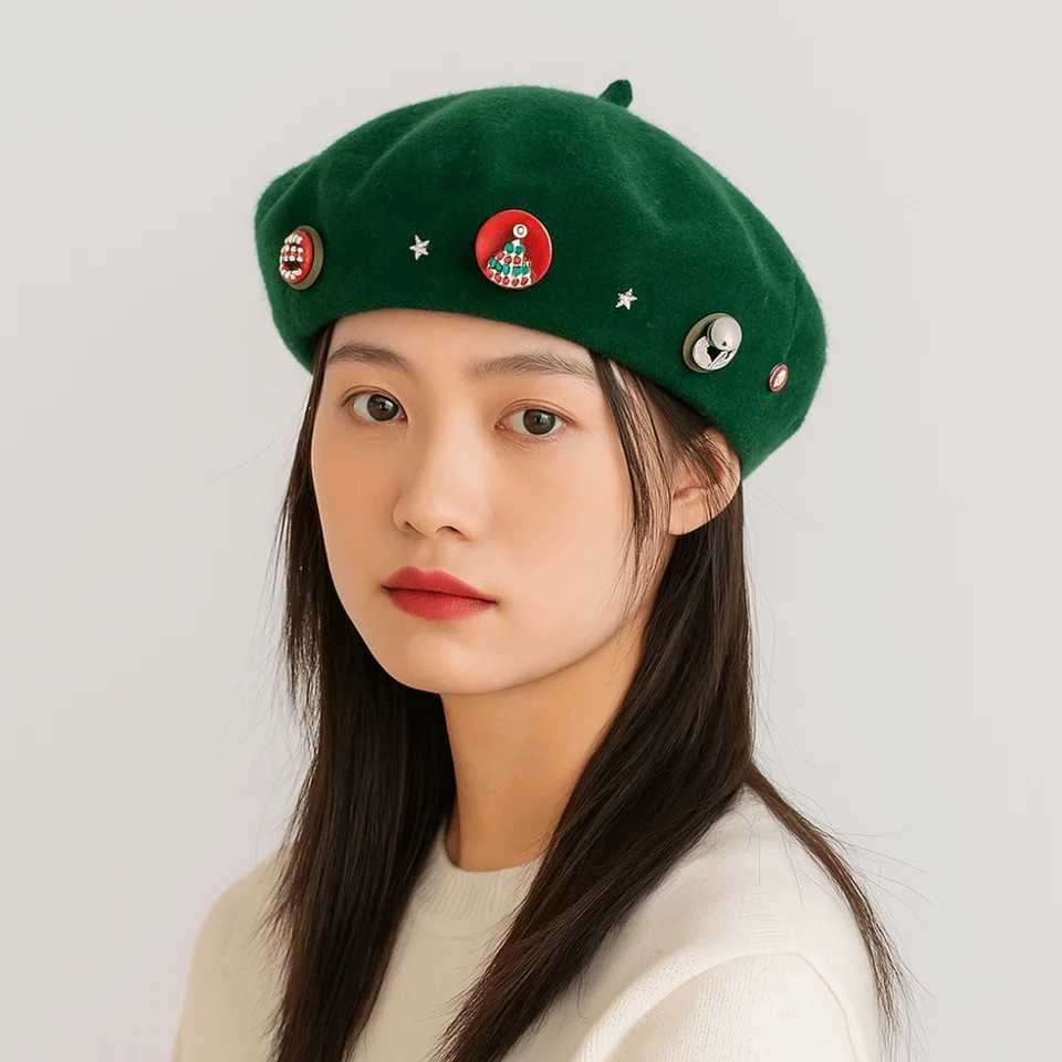Personality Woolen Christmas Beret Star Solid Color Wool Beret Warm Korean Style Painter Hat Winter J251125