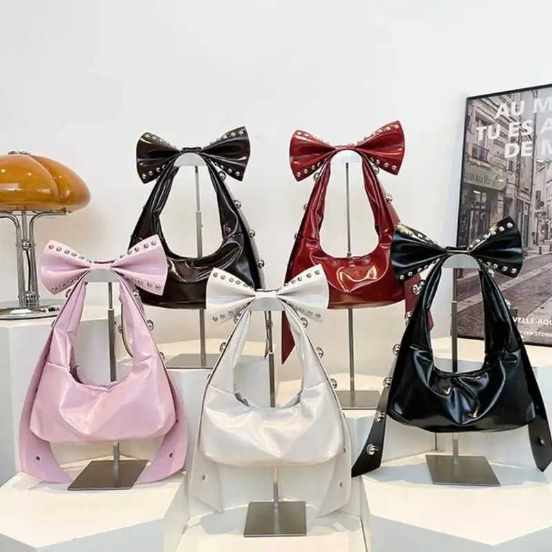Rivet bow Y2K homeless handbag and wallet suitable for womens fashionable shoulder bag with detachable bow womens PU leather tote bag W250421