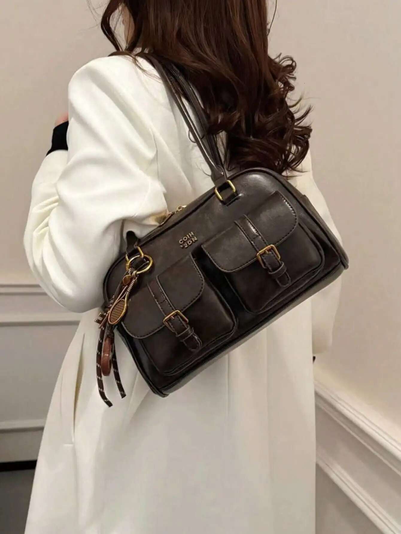 Vintage Brown Tote For Women, Crossbody Shoulder Bag With Metal Buckles & Keychain, Stylish Spacious Daily Purse