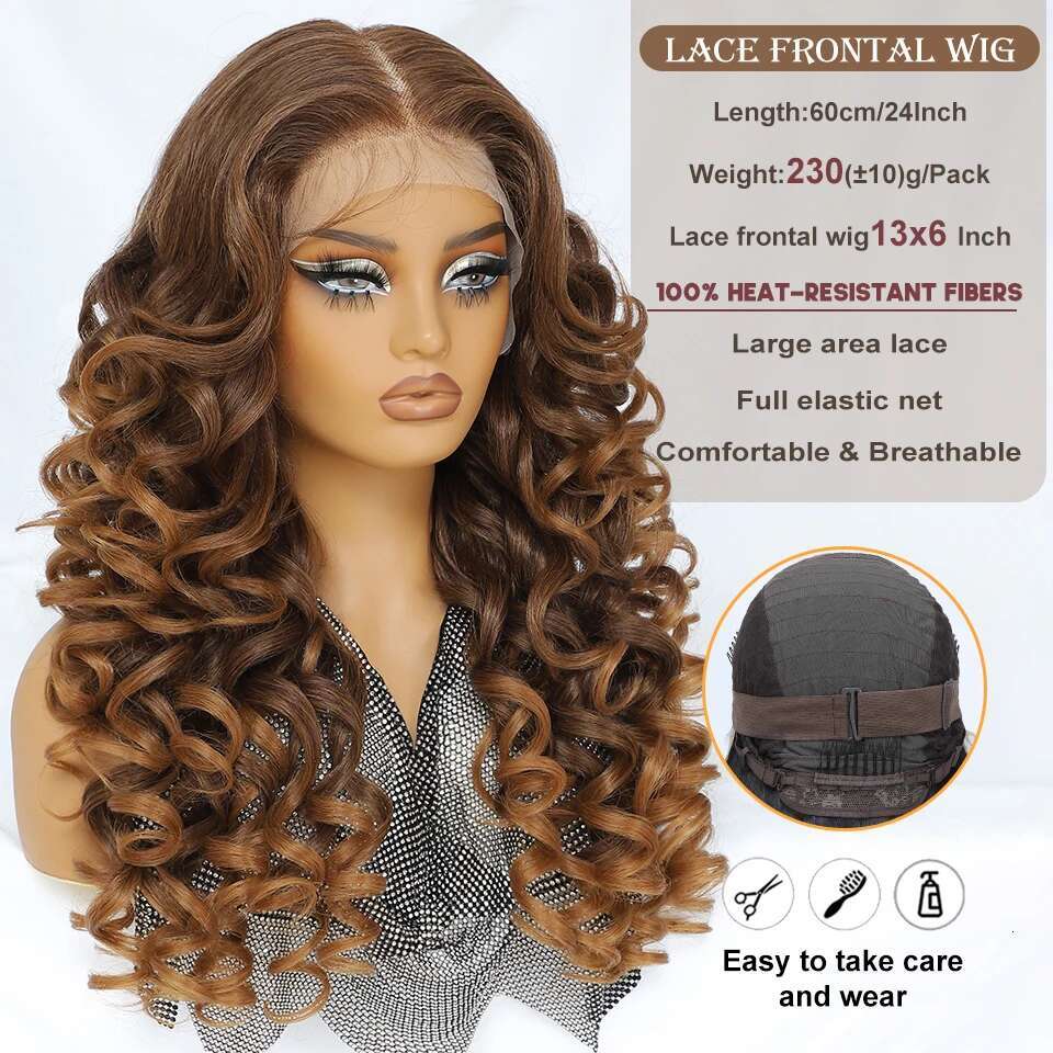 Latisha 13X6 HD Synthetic Front Wigs Curly Pre Plucked Lace Frontal Wig Bangs For Women Highlight With Babyhair 24Inch