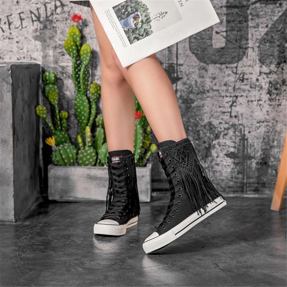 Spring medium-sized color lace-up side zipper tassel boots canvas shoes casual large size inner heightening women's shoe
