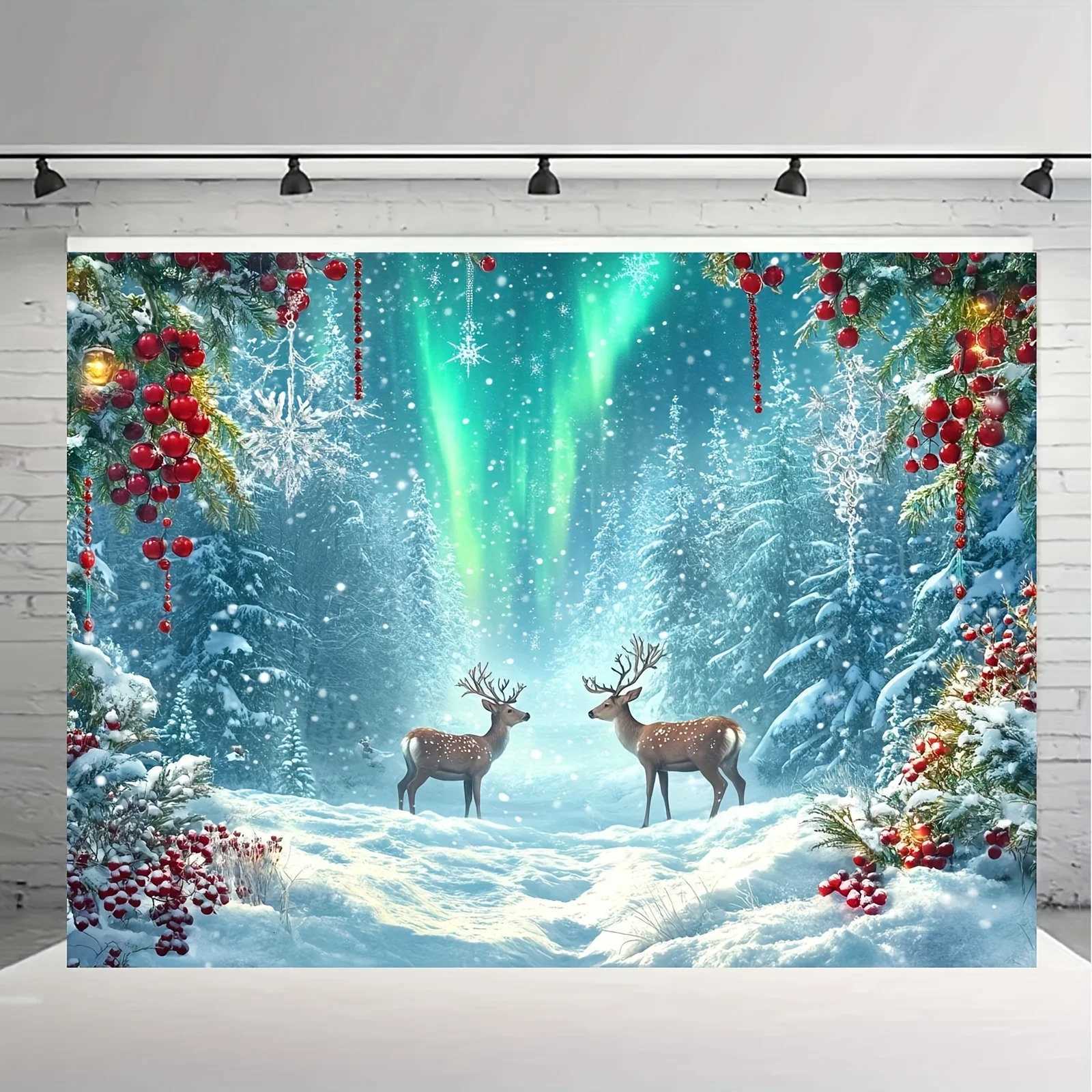 1pc Extra Large Winter Snow Scene Wall Tapestry - Northern Lights Aurora Borealis Backdrop with Two Deer Red Green OrnamentsM251125