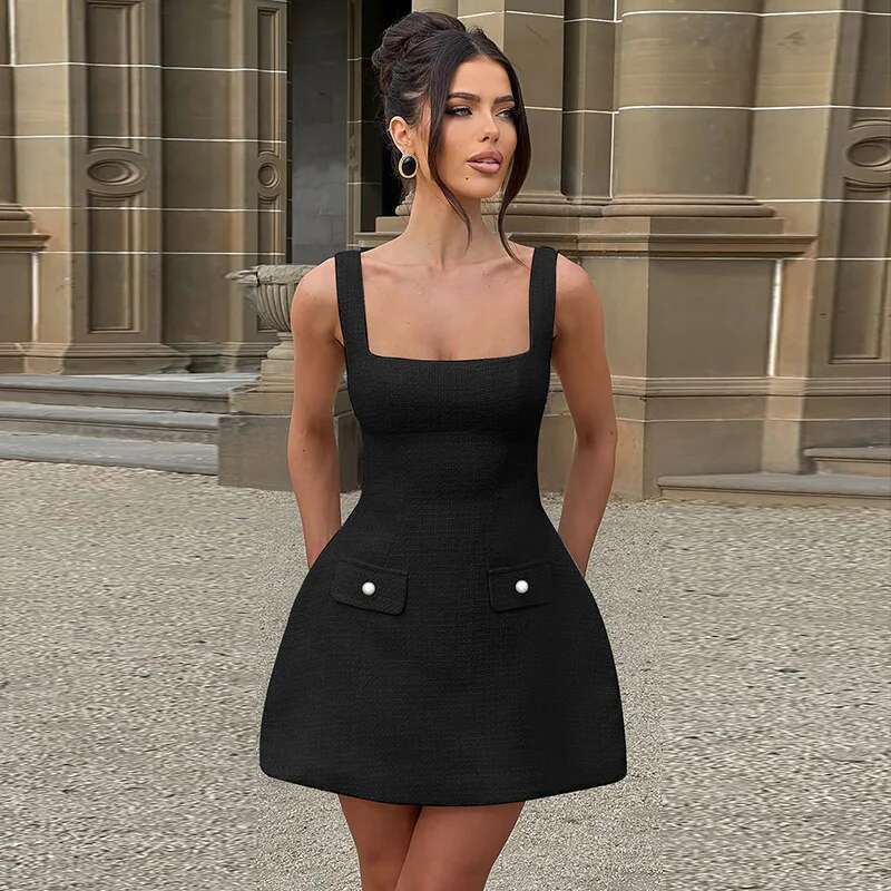 Dongdumaoyi Townlike Pockets Waist Wrap A Line Dress Women Spaghetti Strap Mini Summer Backless Nightclub Sexy Party Dresses