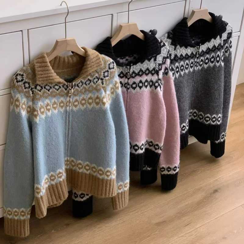 Women Print Knit Sweater Zipper Cardigan Turn Down Collar Full Sleeved Jumpers Sweaters Casual Splice Streetwear ThickT251125