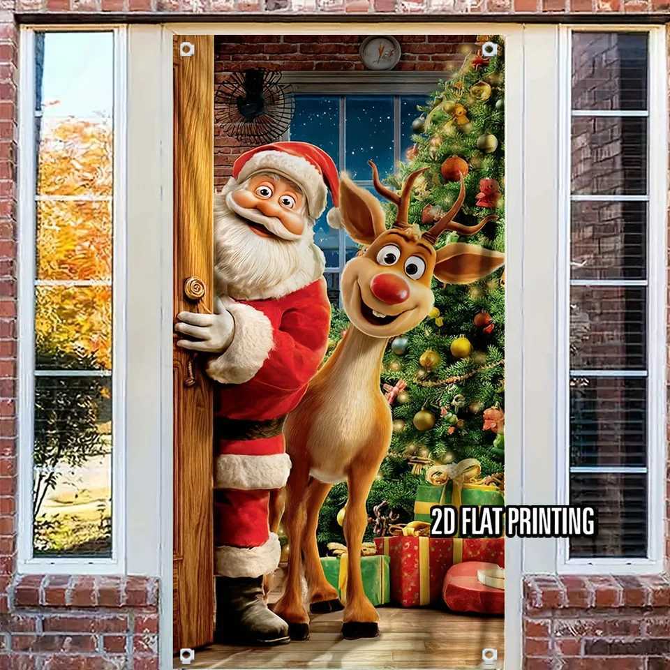 2D Door Banner 1 Piece Santa Claus and Reindeer Christmas Design Door Banner Perfect for Holiday Home DecorationM251125