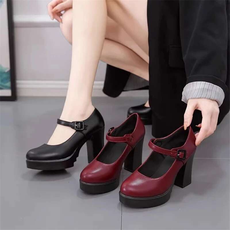 Spring new round toe shallow leather waterproof platform square heel high-heeled banquet dress large-size women's shoes