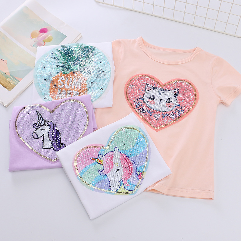 Disney baby designer clothing short-sleeved T-shirt color-changing sequin short-sleeved cotton T summer children's clothing baby girl' casua