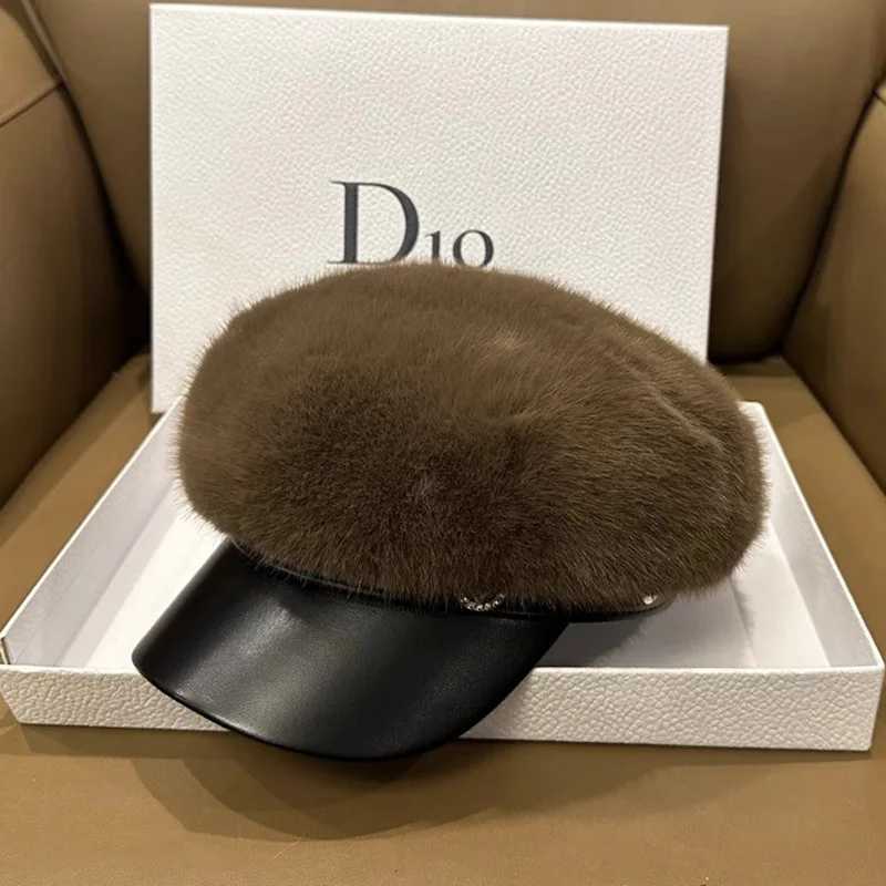 Vintage Mink Fur Beret Women Luxury Versatile Artist Hat Girls Lady Winter Warm Big Head Octagonal Cap Hard Brim Ski Caps J251125