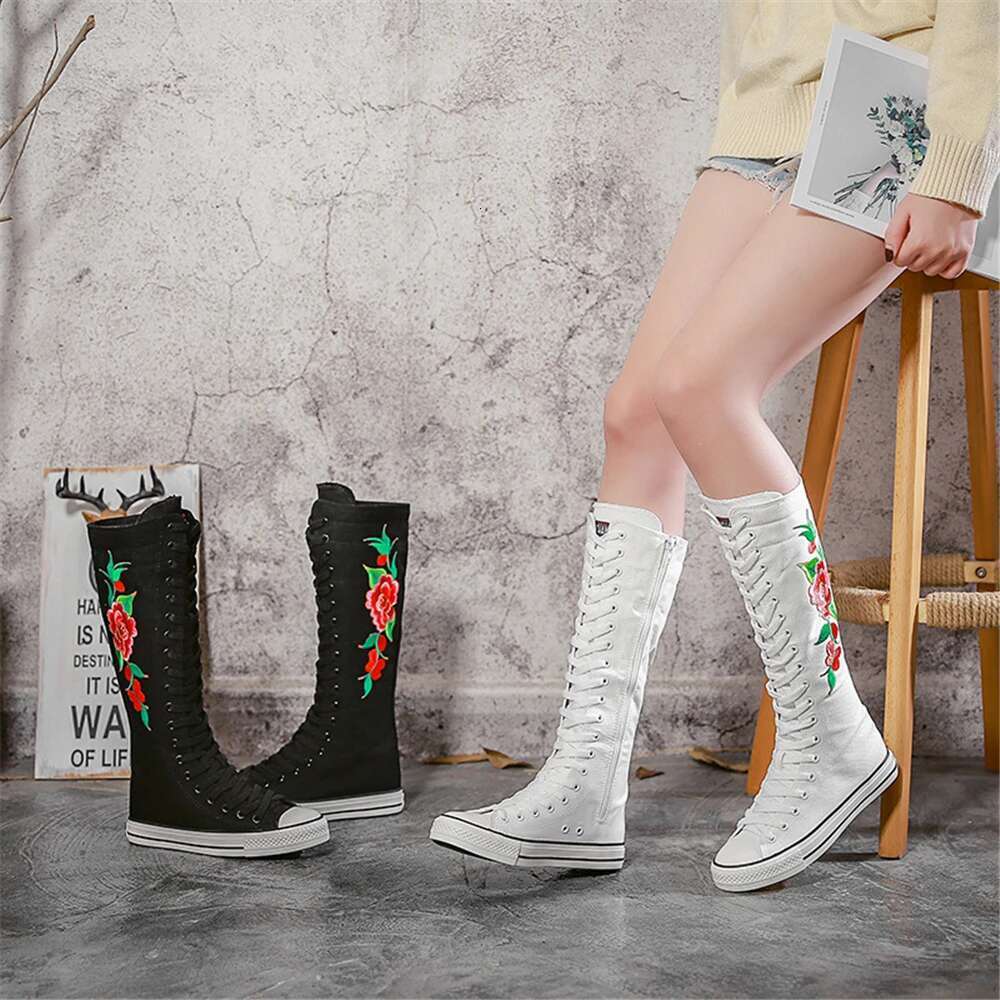 Spring new high-top front lace-up embroidered canvas casual soft sole flat inner heightening couple large-size women shoes