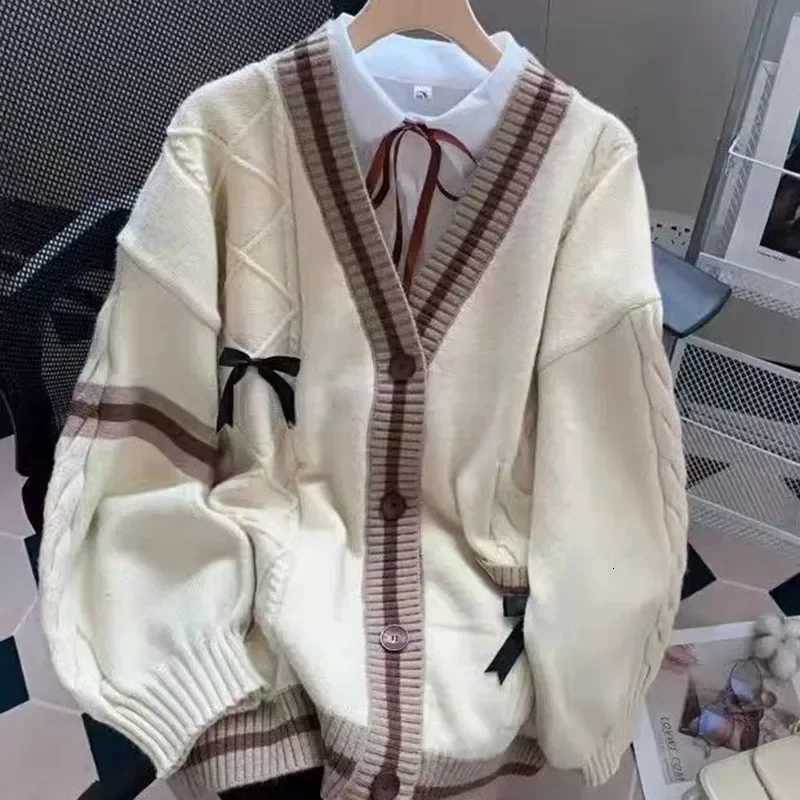 Sweet Bow Sweater Cardigans Women Y2K Aesthetic Contrast Color V-Neck Knitted Cardigan Kawaii Jk Single Breasted Sweaters CoatT251125