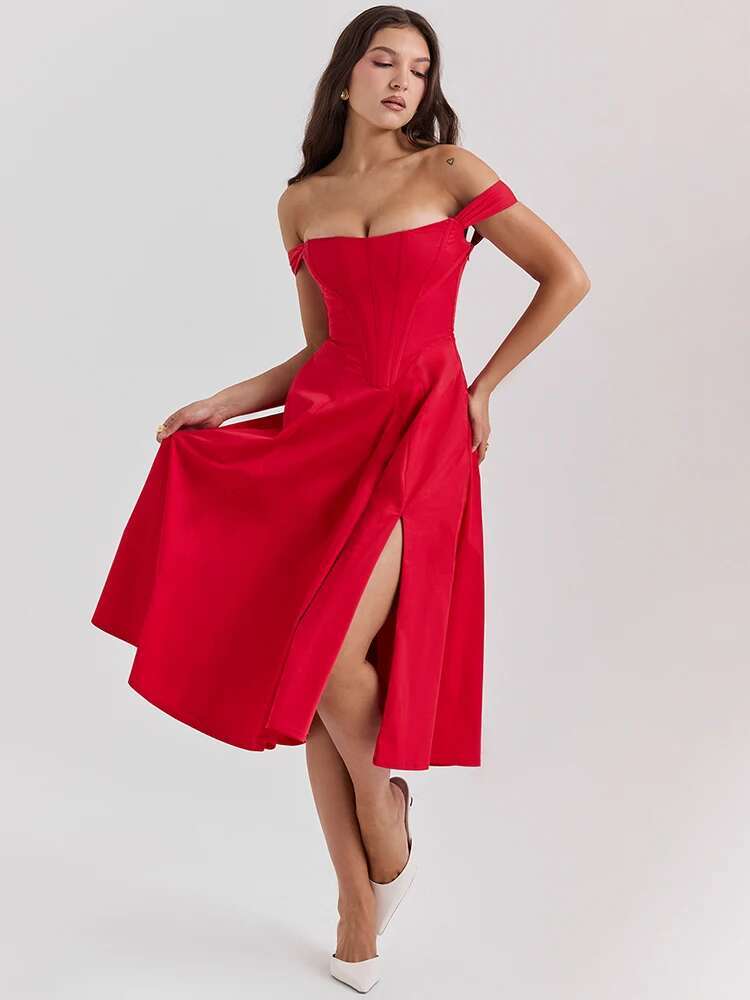 Dongdumaoyi Townlike Off Shoulder Midi Long A Line Dress Women Spaghetti Strap Spring Summer Print Split Sexy Party Dresses