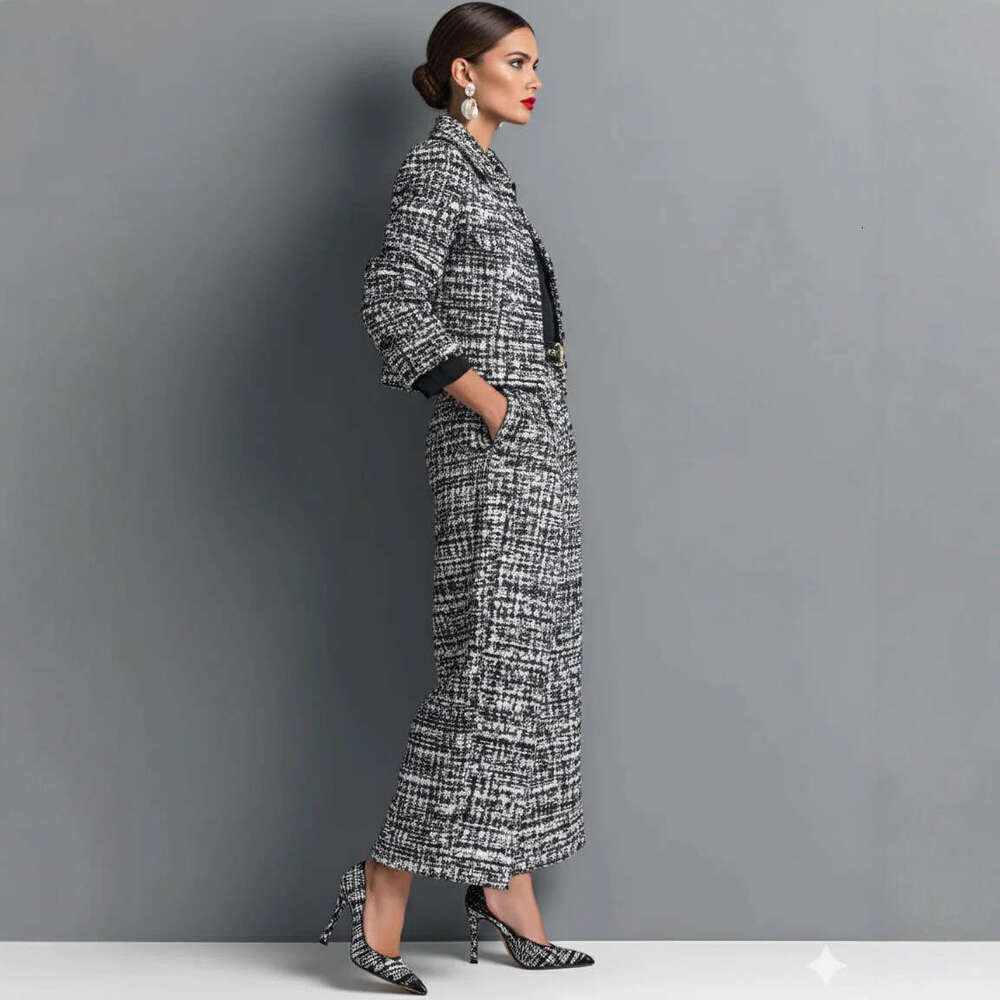 Cross Border New Turn Down Collar Slim Fit Women S Fashion European And American Style Long Sleeve Short Jacket With Wide Leg Pants Set Luxury Designe