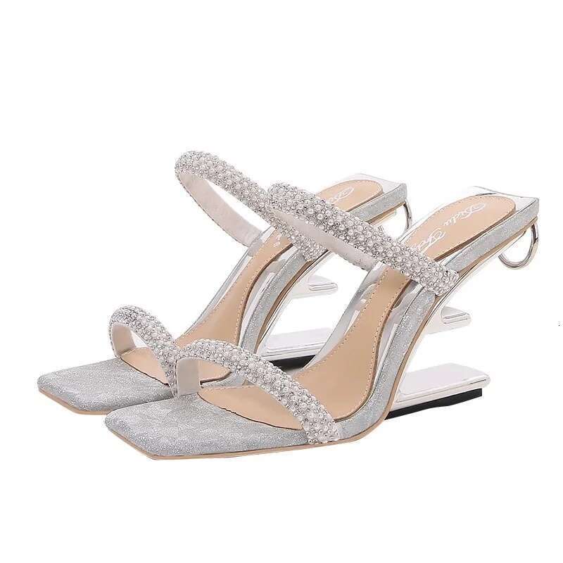 Summer new pearl rhinestone sequins with special-shaped heels fashion slippers high-heeled banquet dress large-size women sandal