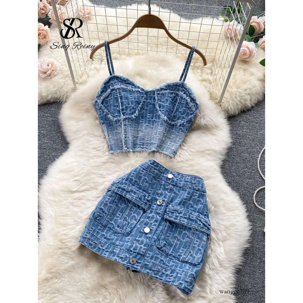 Two Piece Dress SINGREINY Women Summer Sexy Denim Set Strapless Sling Zipper n Tops Short Button Mini Skirt Jeans Suits 230509