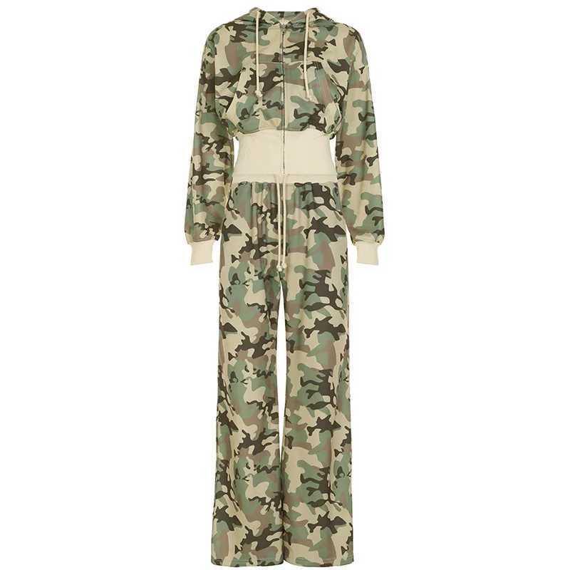 Camouflage two-piece personalized set casual street sports set short waist hooded cardigan jacket and long and wide leg pants w250425