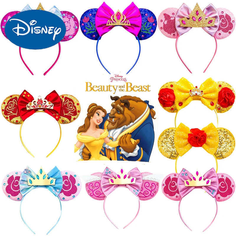 Disney Beauty and Beast Headband Girl Enchanting Rose Ears Hair Female Crown Bow Hair Accessories Children Bell Headband X250425