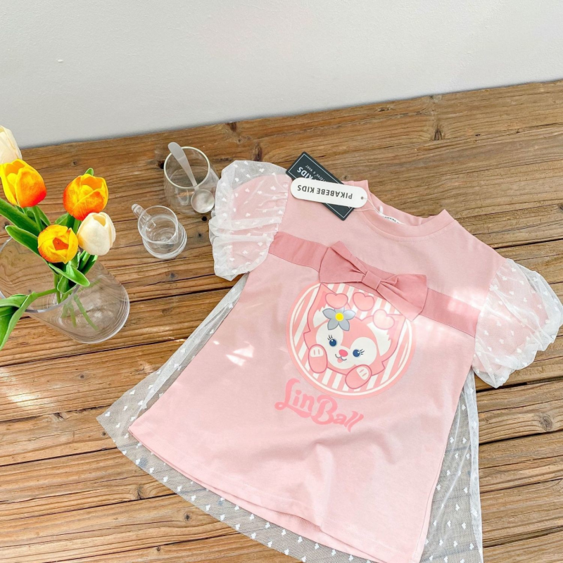 Disney children's designer clothing baby short-sleeved summer outfit for girls casual fashion bow-tie cartoon sweet mesh design T-shirt top short
