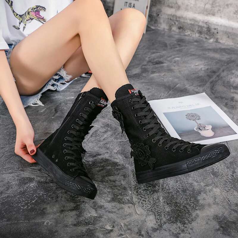 Autumn medium embroidery lace-up side zipper flat boots casual canvas inner heightening plush large size women's shoes