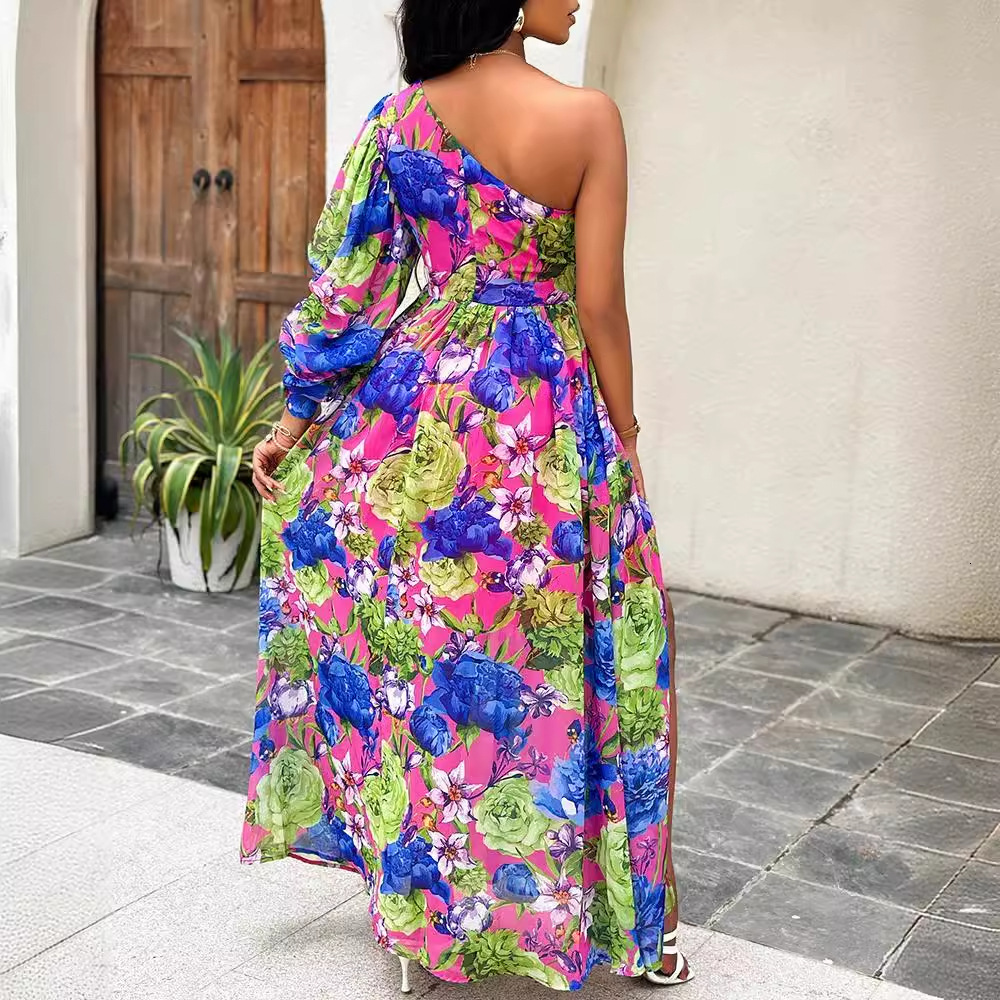 2024 new fashionable off shoulder long lantern sleeve printed dress for womens wear