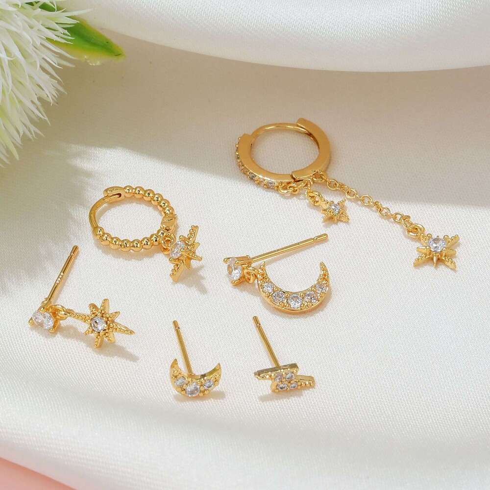 Moon Chain tassel Hexagram Star Personalized Fashion Zircon Earnail Set Women's Eardrops Earrings