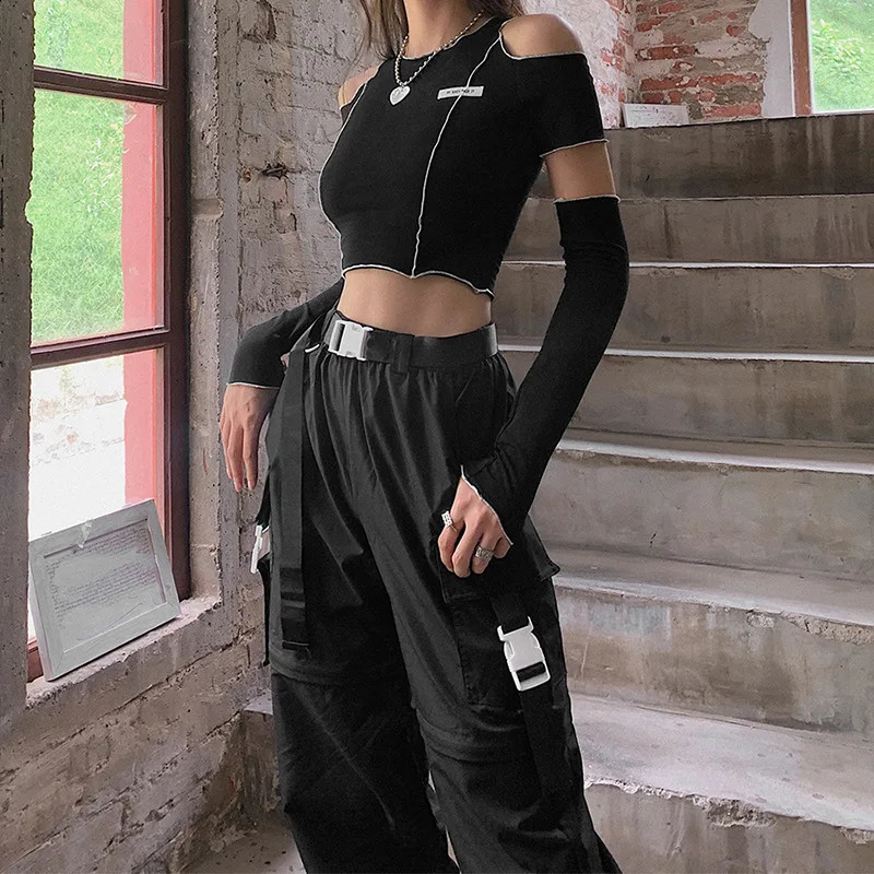 Splicing black Tshirt Gothic Y2k crop top with ruffled hem hiphop Techwear womens 250415
