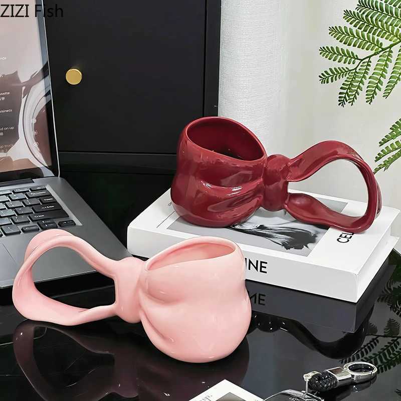 Creative Bowknot Shape Ceramic Mug Bowknot Handle Coffee Cup Dining Table Milk Mugs Afternoon Tea Teacup Fruit Juice Container Y251125