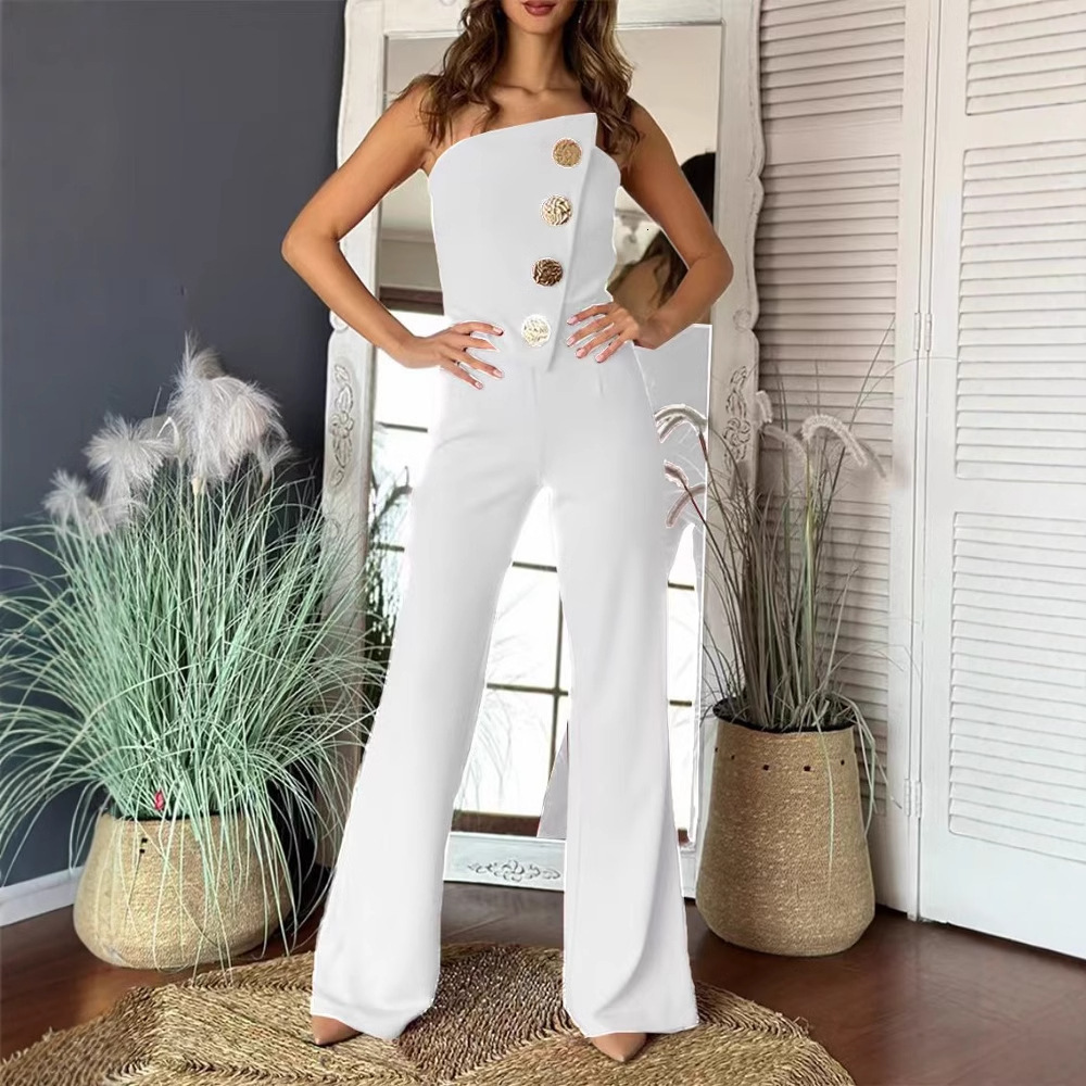2024 summer sexy strapless button decoration micro flared jumpsuit womens clothing