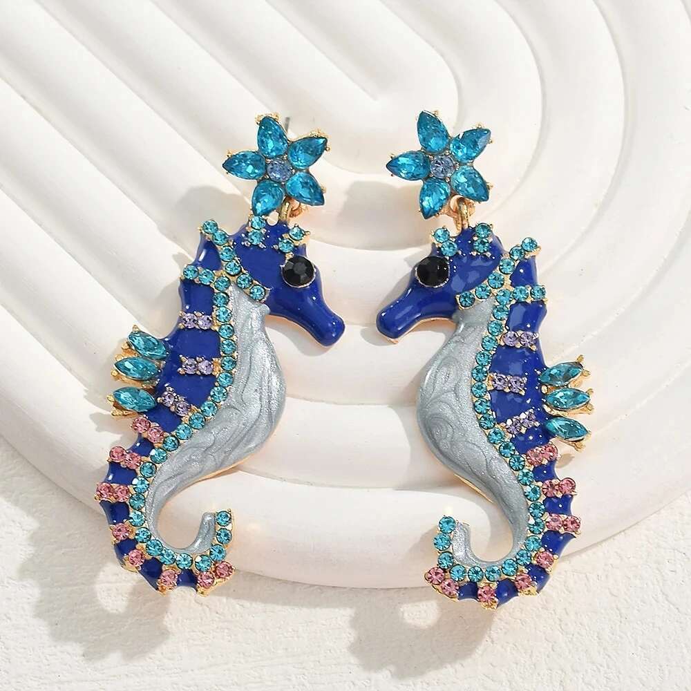 Vedawas Cute Metal Blue Black Crystal Seahorse Drop For Woman Funny Creative Marine Animal Earrings Personality Jewelry