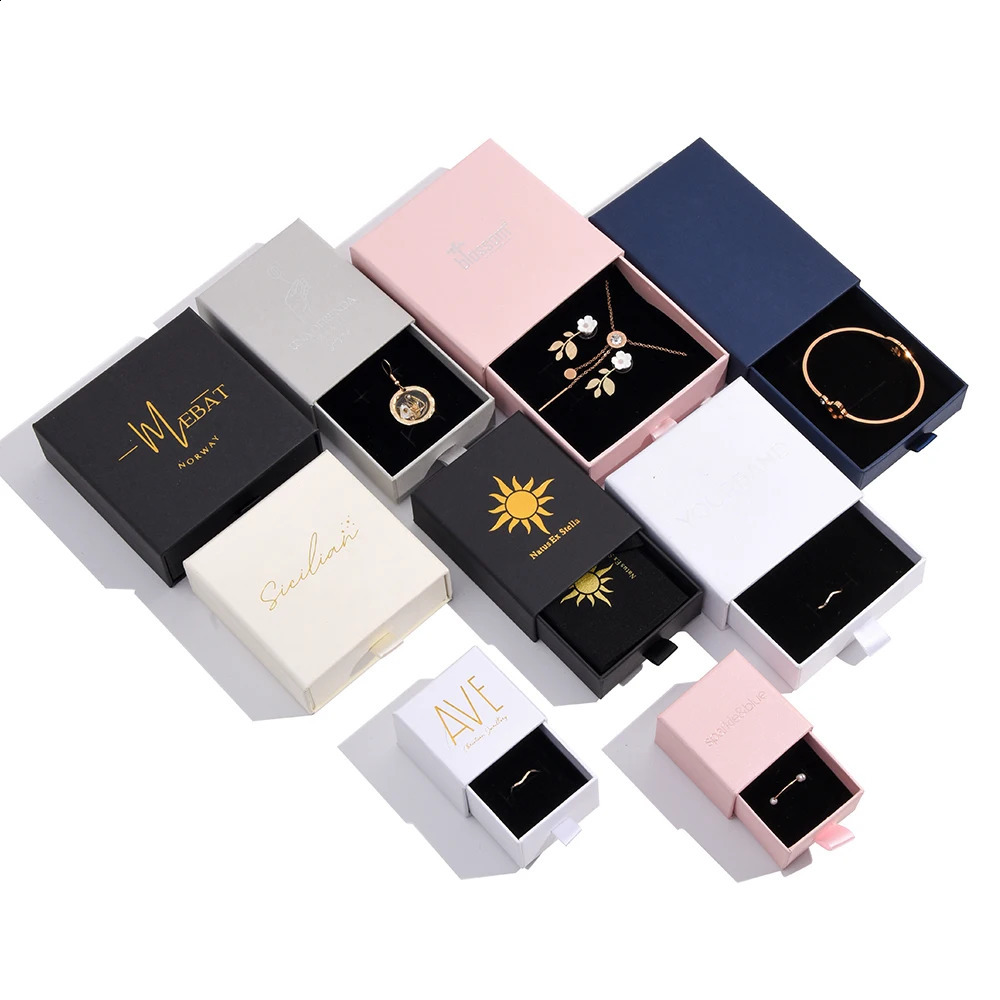 Wholesale 100pcs/lot Custom Jewelry Packaging Box with Pink Cardboard Drawer Jewellery Box Earrings Ring Necklace Gift Box 250424