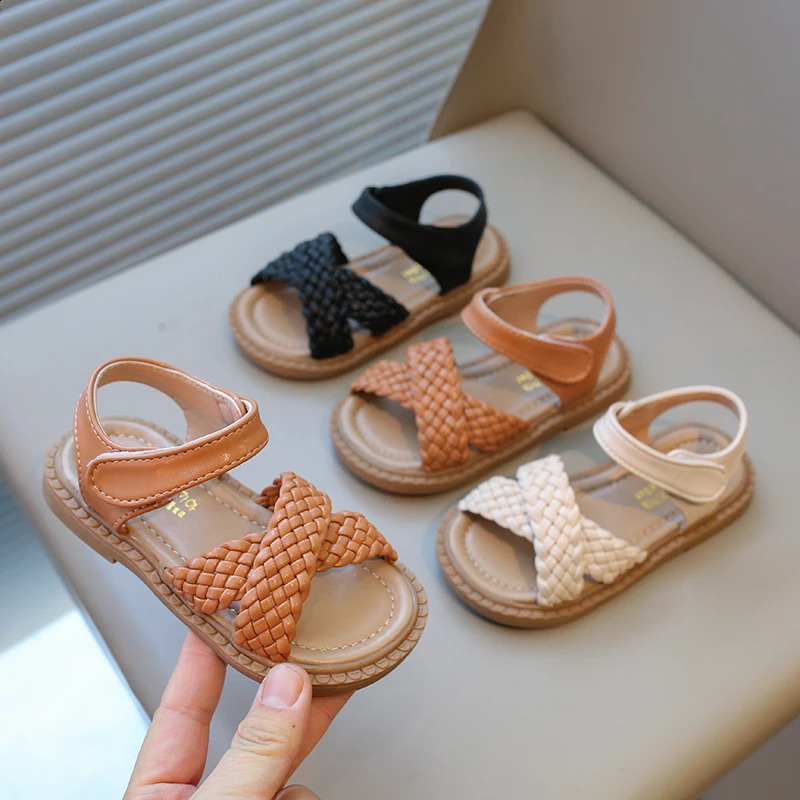 Preschool girls sandals rens princess beach shoes cross woven fashionable rens summer sandals soft and cute 250424