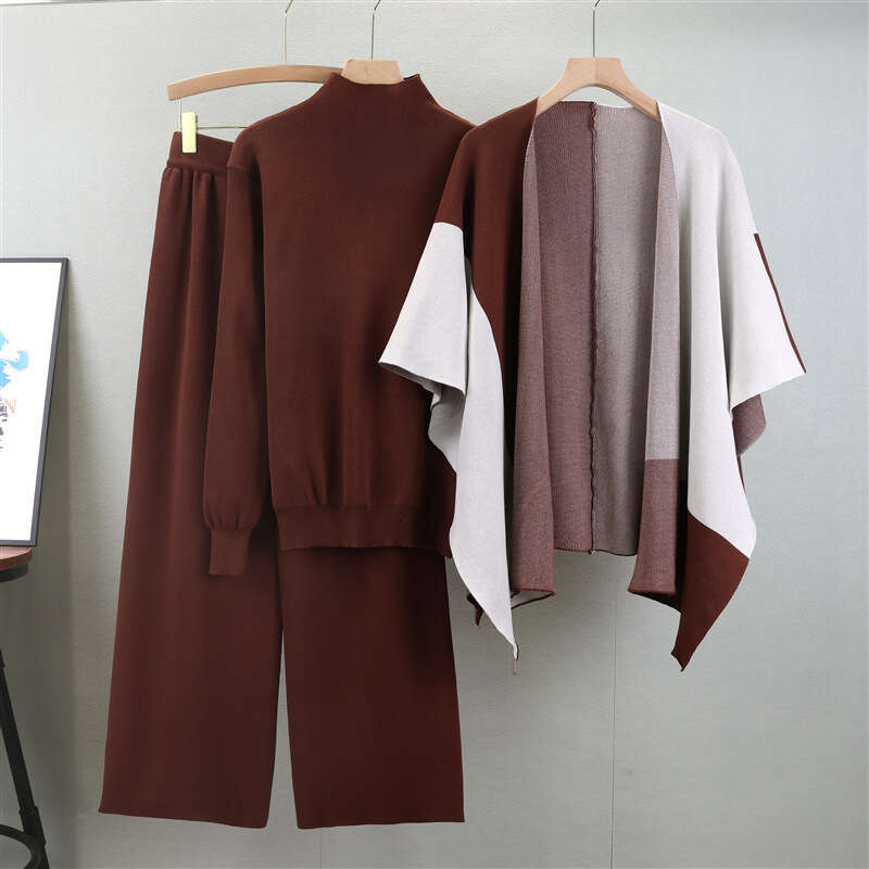 2025 Autumn/winter New Fashionable Knitted Color Blocked Shawl Wide Leg Pants Stylish 3-piece Set for Women Long Printing Temperament New Product New 