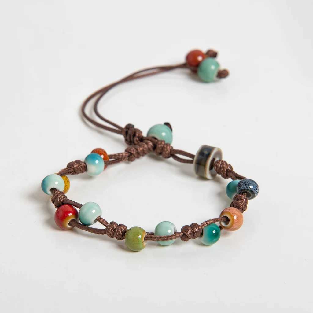 Adjustable Multicolor Handmade Ceramic Bead Bracelet Wax Cord Woven Jewelry Boho Style Unisex Gift for Couples and Friends J251125