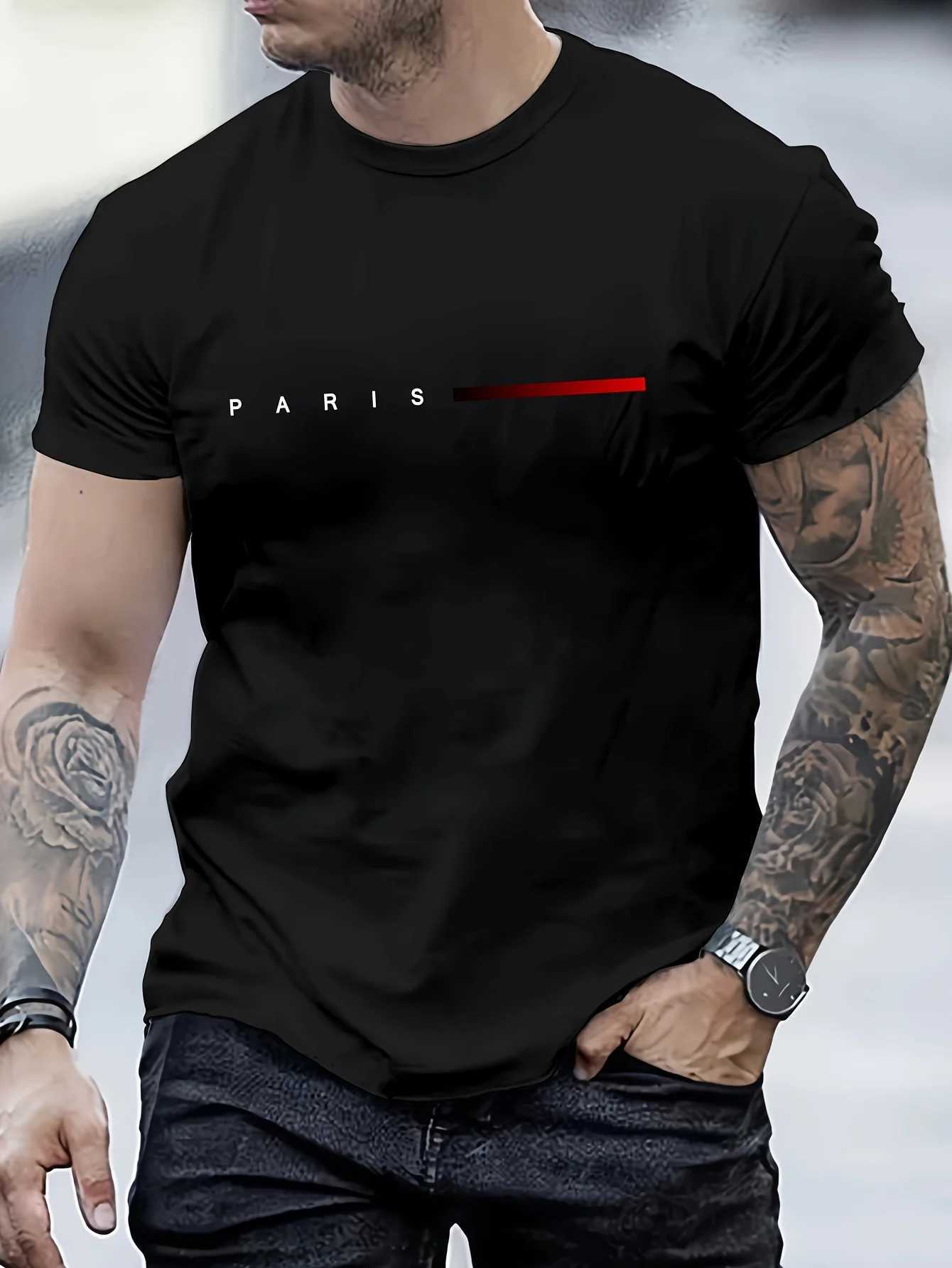 Mens 100% pure cotton summer loose Paris creative letter printed casual slim fit round neck short sleeved T-shirt top W250425