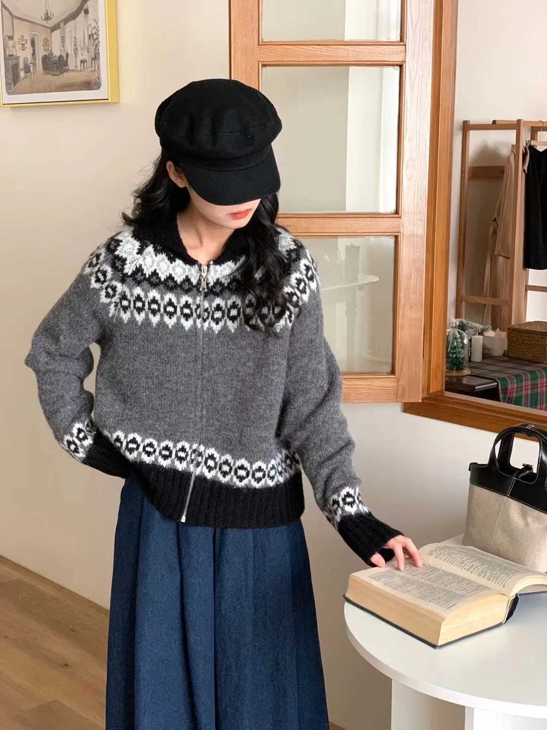 Women Print Knit Sweater Zipper Cardigan Turn Down Collar Full Sleeved Jumpers Sweaters Casual Splice Streetwear ThickT251125