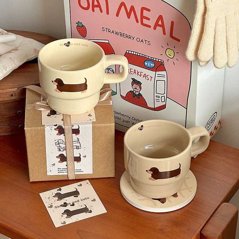 Cute Puppy Cartoon Cup with Coaster Cute Dachshund Cup Mat Ceramic Mug Water cup Breakfast Milk Mug Creative Christmas Gift Y251125