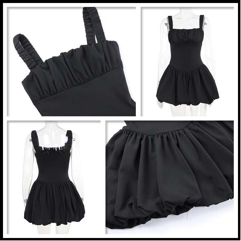 Dongdumaoyi Townlike Elegant Pleated Fluffy Dress Women Spaghetti Strap Mini Spring Summer Backless Sexy Party Dresses