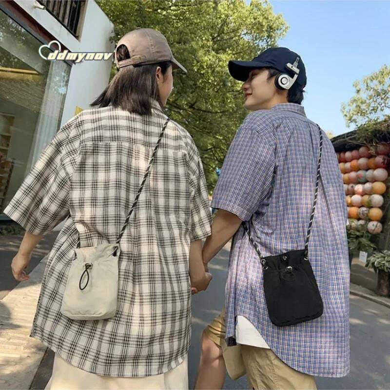 Korean Mini Nylon Shoulder for Men Women Chic Crossbody Bucket Bag Casual Small Handbag Drawstring Buckle Purse Phone Pouch ddmynov