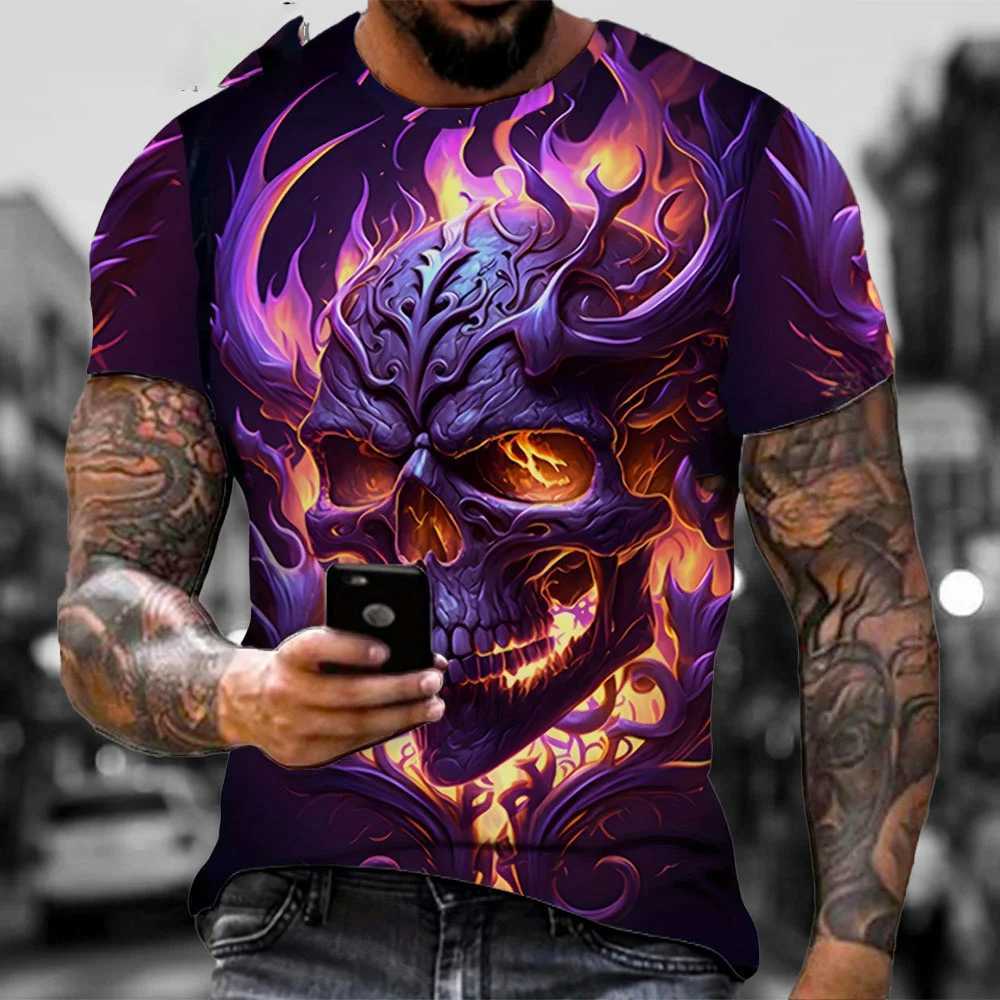 Mens horror skull print T-shirt 3D printed retro O-neck short sleeved fashionable oversized T-shirt mens summer streetwear W250425
