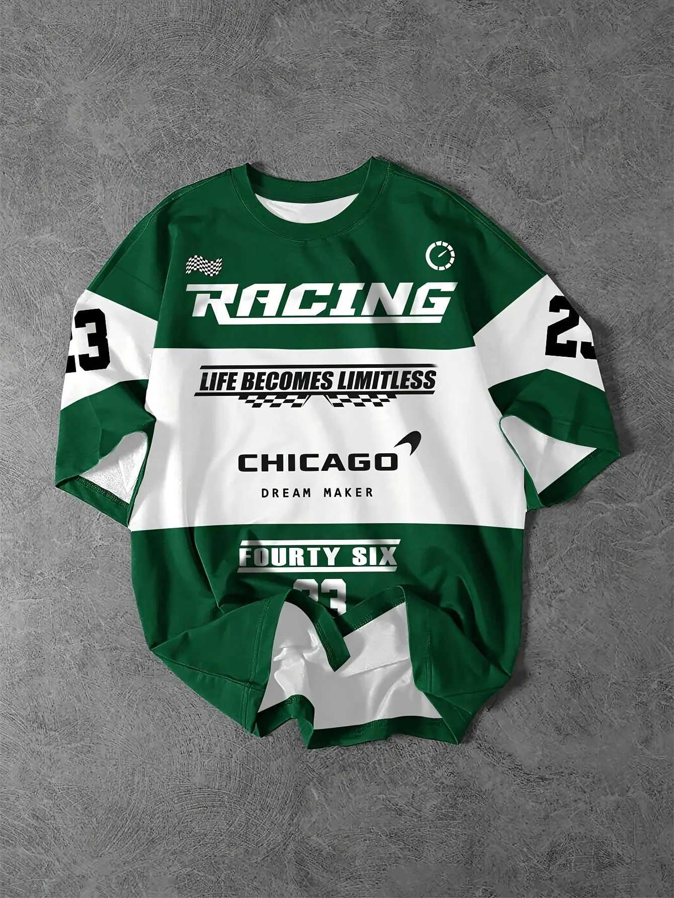 Mens racing themed plain flag pattern letter printed T-shirt round neck short sleeved T-shirt summer outdoor fashion W250425