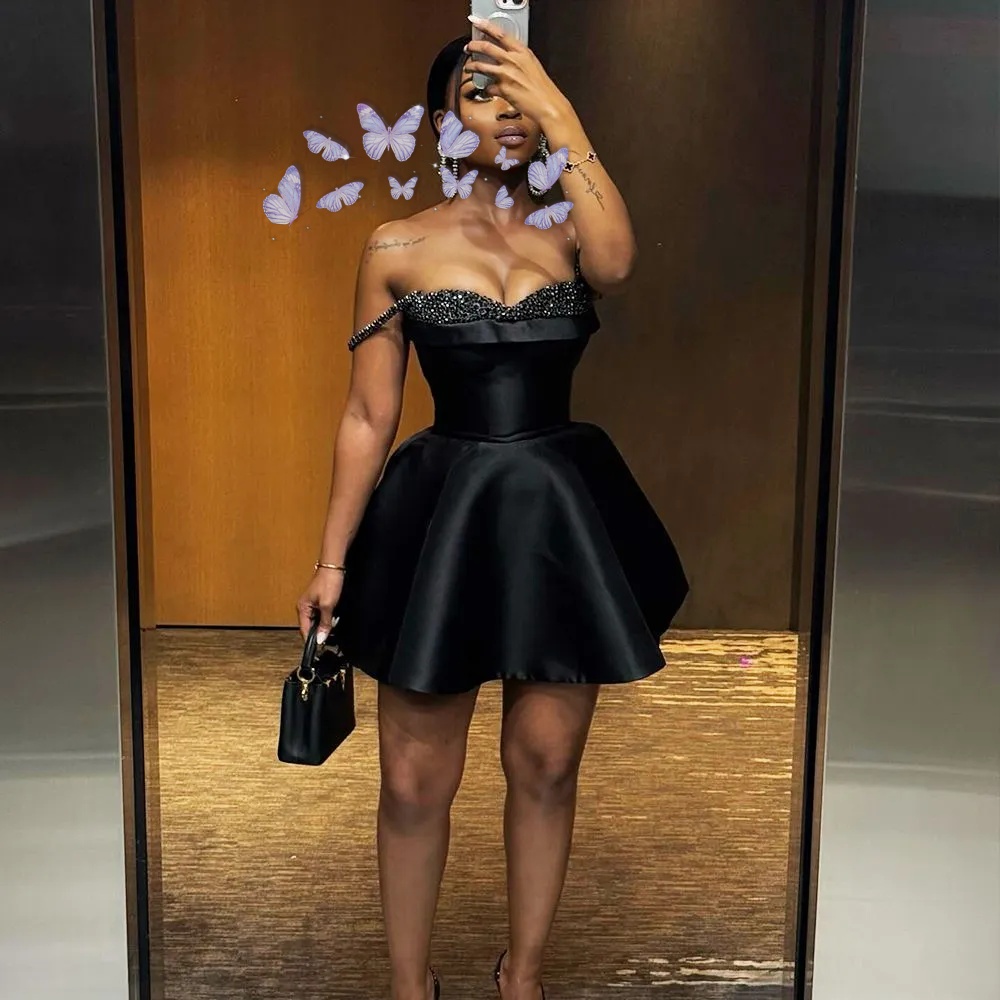 Aso Ebi Black Cocktail Dresses Short Prom Dresses Off the Shoulder Mini Homecoming Dress Graducation Dresses Appliqued Lace Formal Birthday Gowns
