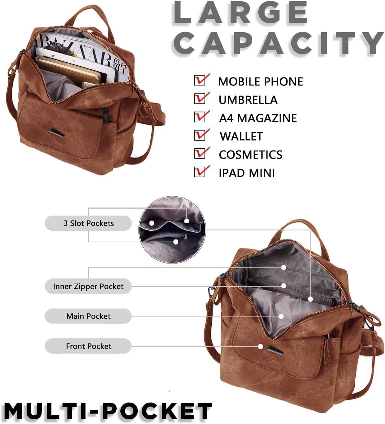 WYFJNX PU Leather Purse For Women Fashion Multipurpose Design Handbag Ladies Shoulder Bags Travel Backpack Brown